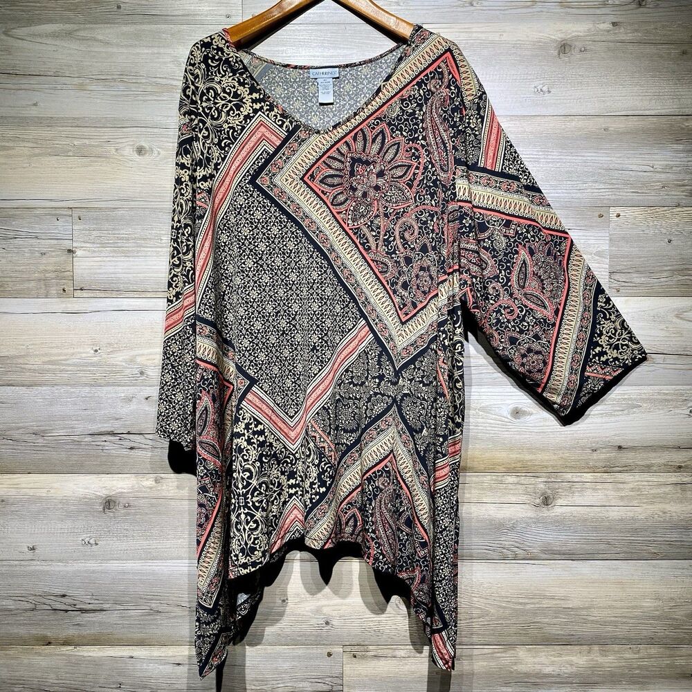 Catherines Tunic Top 4X Floral Geometric 3/4 Sleeve Slinky Stretchy Curved Hem